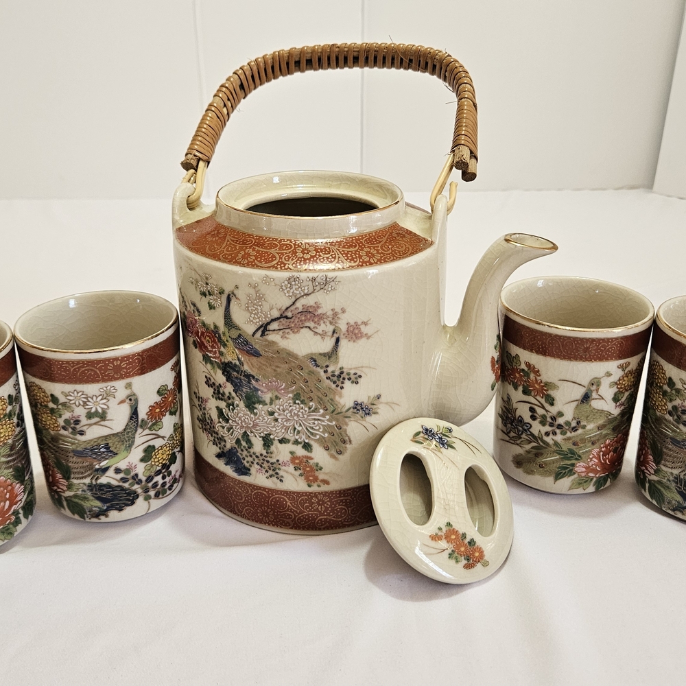 Vintage Satsuma Style Peacock Tea Set • Teapot & 4 Cups • Japanese Moriage